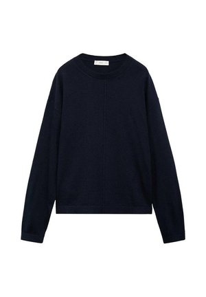 Pulover cu mânecă lungă de culoare navy închis, cu guler rotund, manșete și tiv cu nervuri, design minimal, material tricotat ușor.