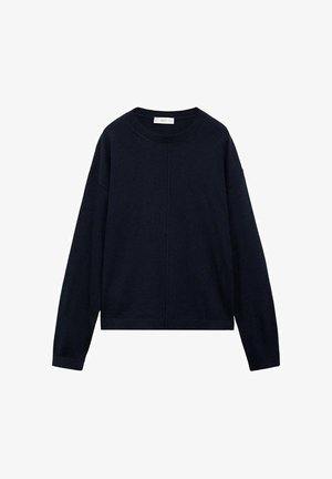 Maglione girocollo a maniche lunghe di un blu navy scuro con polsini e orlo a costine, design minimale, tessuto a maglia leggero.