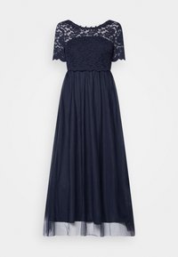 Mörkblå klänning med korta ärmar i spets och en figurnära bodice. Utsvängd tyllkjol som når till mitten av vaden, med en scalloped spetskant.