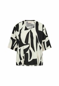 Korte mouwblouse van lichte stof met een zwart-wit abstract patroon, met een V-halslijn en een relaxte pasvorm.