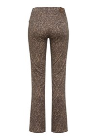 Luipaardprintbroek in bruin en beige, met een recht model, twee achterzakken en een klein merklabel op de tailleband.