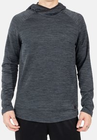 Dunkelgrauer Langarm-Hoodie mit einem strukturierten, gemelierten Design und einem Schalkragen. Bietet Raglanärmel und ein kleines Logo am Saum.