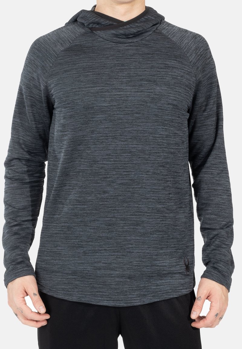 Dunkelgrauer Langarm-Hoodie mit einem strukturierten, gemelierten Design und einem Schalkragen. Bietet Raglanärmel und ein kleines Logo am Saum.