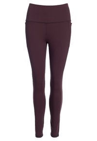 Bordeauxfärgade leggings med en hög, bred midja, som har ett mjukt, elastiskt tyg och en sidofick på vänster ben.