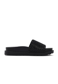 Zwarte slide-sandalen met een textuur, studded bovenkant en een platte rubberen zool. Glad afwerking met een minimalistisch ontwerp.