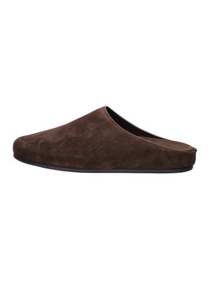 Brown suede slip-on house slipper with closed toe and open back, shown from the side on a white background.