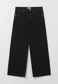 Svarta denimbyxor med vida ben, rå kant, fem fickor och detaljer i metall. Uttrycksfull silhuett med en texturerad, något blekt finish.