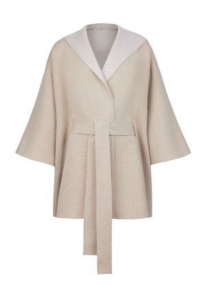 Beiger Wollcape mit weiten Ärmeln, großem Kragen mit Fischgrätenmuster und passendem Stoffgürtel, der an der Taille gebunden ist.
