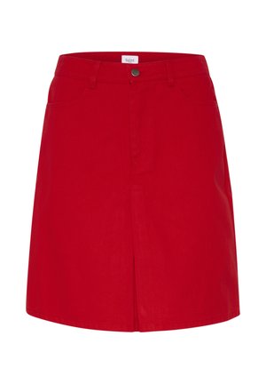 Sarkans džinsa svārki ar pieguļošu jostu, priekšējo pogu aizdari un divām sānu kabatām. Apakšmala beidzas virs ceļgaliem. Gluda struktūra.