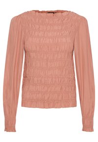 Rosa blus med långa ärmar och rynkad textildesign, texturerad yta och prickiga detaljer. Har hög krage och elastiska manschetter.