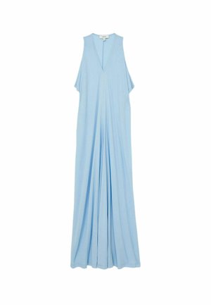 Vestito maxi senza maniche di colore azzurro chiaro, realizzato in tessuto morbido e fluido. Presenta una profonda scollatura a V e maniche larghe e drappeggiate. Design lungo fino al pavimento.