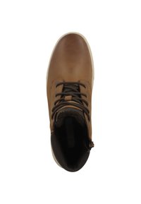 Braune Leder-Stiefelette mit runder Spitze, dunklen Schnürsenkeln und strukturiertem Schaft. Verfügt über einen seitlichen Reißverschluss und eine weiße Gummisohle.
