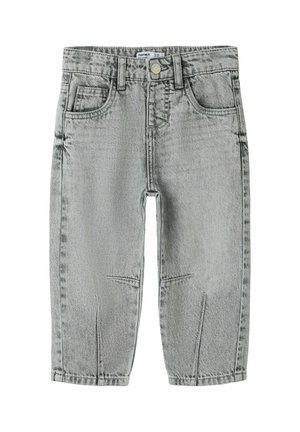 Jean pour enfants gris clair avec poches avant, passants pour ceinture et fermeture par bouton, présenté à plat sur fond blanc.