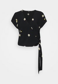 Blusa nera avvolgente con maniche corte, scollo a V e ricami floreali bianchi con accenti gialli. Include un dettaglio con legatura laterale.
