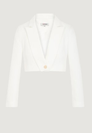 Blazer bianco corto con rever e chiusura con un solo bottone dorato, taglia 36, esposto su uno sfondo chiaro uniforme.
