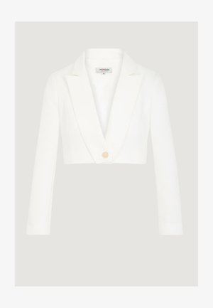 Blazer bianco corto con rever e chiusura con un solo bottone dorato, taglia 36, esposto su uno sfondo chiaro uniforme.