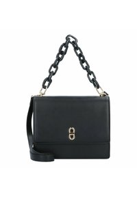 Borsa a tracolla nera in pelle con forma rettangolare, dotata di una maniglia a catena nera spessa e una chiusura a clip in tonalità oro.