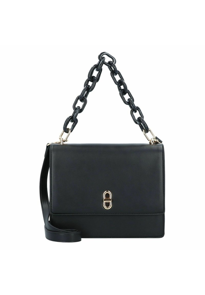 Borsa a tracolla nera in pelle con forma rettangolare, dotata di una maniglia a catena nera spessa e una chiusura a clip in tonalità oro.