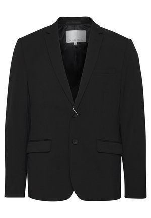 Zwarte herensblazer met inkepingrevers, twee voorzakken met klep, twee knopen sluiting en een binnenlabel met de tekst "Casual Friday".