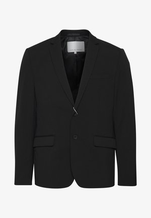 Zwarte herensblazer met inkepingrevers, twee voorzakken met klep, twee knopen sluiting en een binnenlabel met de tekst "Casual Friday".