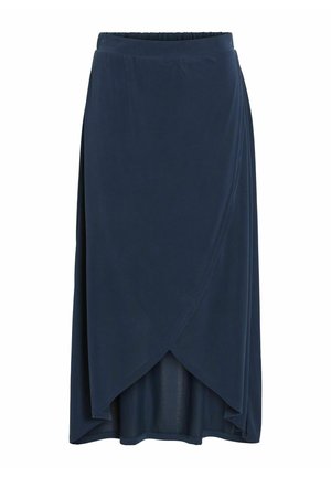 Jupe midi marine en tissu doux et léger, au design enveloppant, dotée d'une taille élastique et d'un ourlet asymétrique.