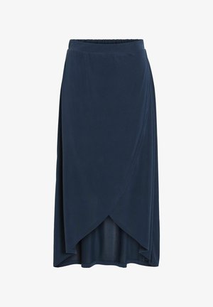 Granatowa midi spódnica wykonana z miękkiego, lekkiego materiału, z fasonem w formie owijania, z elastycznym pasem i asymetrycznym dołem.