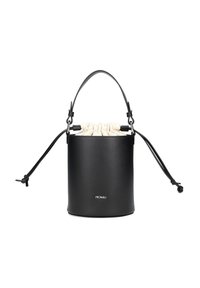 Black leather bucket bag with a cinched light-colored fabric top, adjustable straps, and smooth texture. Minimalist design with logo detail.