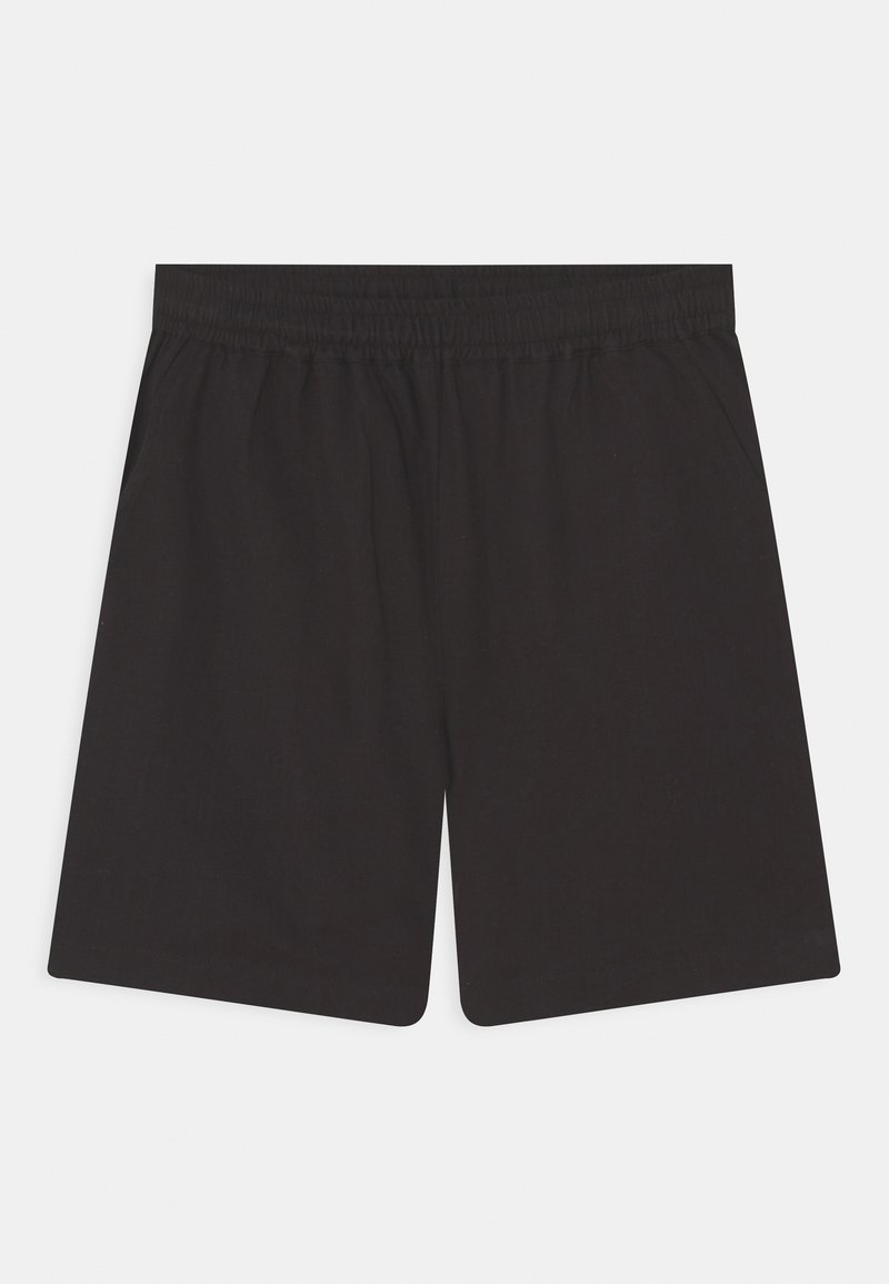 Calções pretos feitos de tecido suave, com um cós elástico e um corte relaxado. Sem bolsos ou elementos de design adicionais.