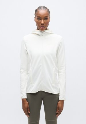 White, zippered jacket with a hood, featuring side pockets and a smooth texture. It has a tailored fit and minimalistic design.