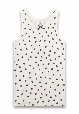 Weißes ärmelloses Tanktop mit kleinen schwarzen Herzmustern und einer kleinen schwarzen Schleife am Ausschnitt.