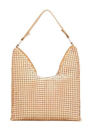 Beaded handbagi pehmea, pruuni naha rihmaga; omab eristuvat kolmnurkset kuju, tekstuurset pinda ja sädelevat detaili.