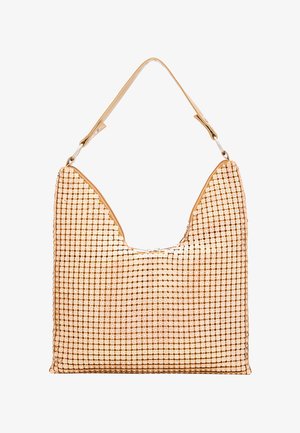 Sac à main en perles avec une bandoulière en cuir souple couleur tan ; présente une forme triangulaire distincte, une surface texturée et des détails en sequins.