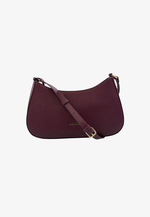 Borsa a spalla in ecopelle bordeaux con silhouette curva, tracolla regolabile e dettaglio del logo dorato sul davanti.