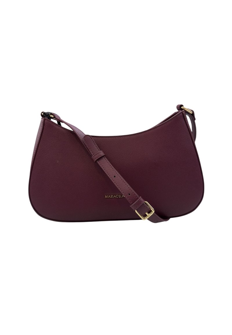 Borsa a spalla in ecopelle bordeaux con silhouette curva, tracolla regolabile e dettaglio del logo dorato sul davanti.