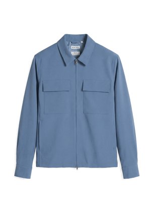 Light blue long-sleeve zip-up jacket with a collar and two front flap pockets.