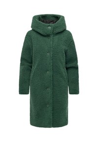 Manteau en polaire vert, doux et pelucheux, avec un col haut, une fermeture à boutons sur le devant et des manches longues. Texture remarquable et silhouette surdimensionnée.