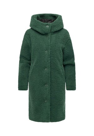 Manteau en polaire vert, doux et pelucheux, avec un col haut, une fermeture à boutons sur le devant et des manches longues. Texture remarquable et silhouette surdimensionnée.