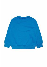 Felpa blu a girocollo realizzata in misto cotone, con maniche lunghe e polsini a costine, caratterizzata da una texture liscia e un design semplice.
