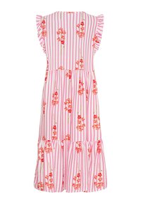Blommönstrad klänning med rosa och vita ränder, med volangärmar och ett skiktat kjol. Tillverkad av lättviktsmaterial.