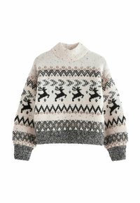 Stickad tröja med hög hals; krämfärgad botten med svarta renar och geometriska mönster; grå ribbad nederkant och ärmslut; mjuk textur.