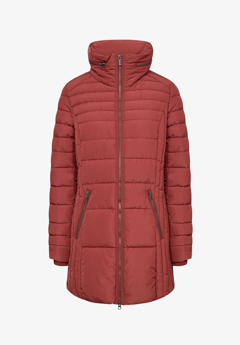 Röd vadderad jacka med hög krage, framdragkedja och två sidofickor med dragkedja. Materialet har en slät, texturerad yta.