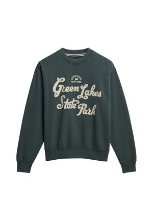 Dunkelgrüner Sweatshirt aus Baumwollmaterial. Verfügt über einen runden Halsausschnitt, gerippte Bündchen und einen Grafikdruck mit der Aufschrift "Green Lakes State Park."