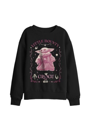 Schwarzer Sweatshirt mit pinker Grafik von Grogu, der einen Umhang trägt, Text „Little Bounty Grogu“ und Star Wars-Logo darunter.