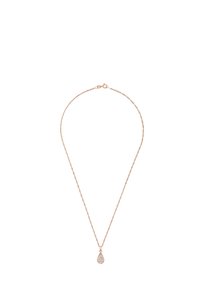 Collar de oro rosa con una cadena delicada, que presenta un colgante en forma de lágrima adornado con pequeños cristales transparentes.