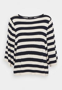 Pasiasta bluzka w kolorze kremowym i granatowym, z okrągłym dekoltem i rękawami o długości trzech ćwierć. Miękka tekstura, luźny krój i boczne rozcięcia.