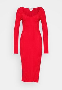 Abito midi rosso a coste con scollatura rotonda e maniche lunghe, caratterizzato da una vestibilità aderente che mette in risalto la texture e le linee morbide.