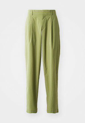 Light green trousers made of a textured fabric, featuring a straight shape, pleats at the front, and a standard waistband.