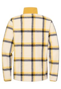 Pullover in pile color crema, con colletto giallo, motivo a quadri gialli e blu navy, e texture morbida. Vista posteriore mostrata.