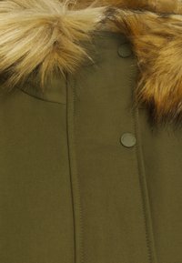 Veste vert olive avec une capuche doublée de fourrure, des boutons-pression et un tissu texturé. La fourrure est brun clair avec des pointes foncées.