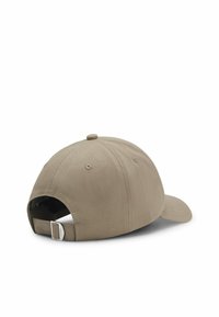 Khaki baseball cap with a curved brim, textured fabric, and adjustable strap at the back. Seam detailing on the crown.